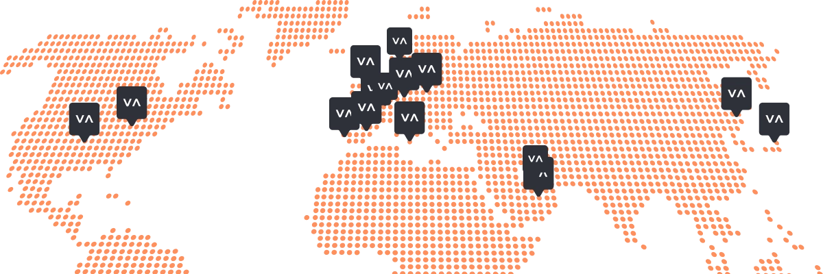 A dotted orange world map on a black background with gray VA markers placed on various locations across North America, Europe, the Middle East, and Asia.