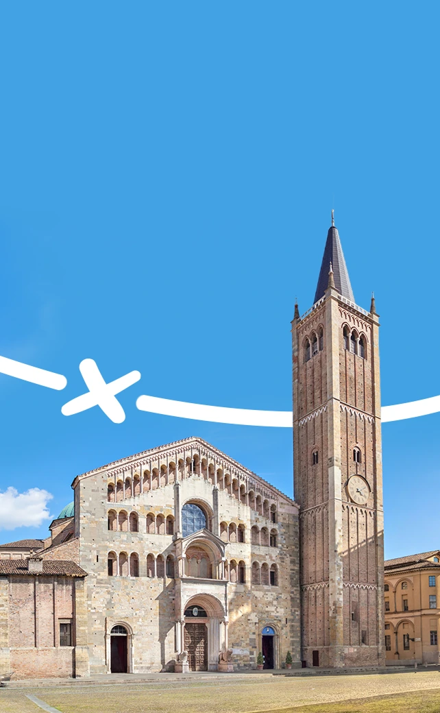 An outdoor, vertical photograph showing the Parma Cathedral (Duomo di Parma) in Italy.