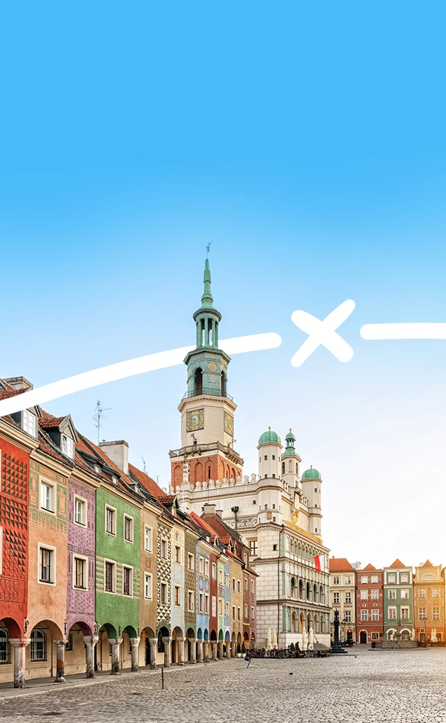 An elevated wide-angle photograph capturing the vibrant Old Market Square (Stary Rynek) in Poznań, Poland. 