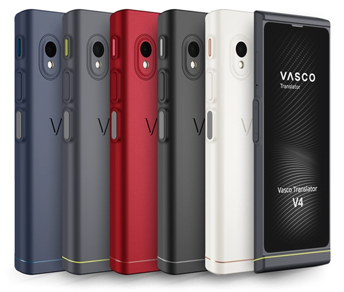 Five Vasco Translator V4 devices in blue, dark gray, red, black, and white colors are shown standing upright, with one device displaying the home screen.